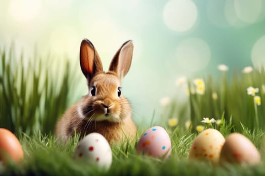 Holiday celebration banner with cute Easter bunny with decorated eggs and spring flowers on green spring meadow. Rabbit in landscape. Happy Easter greeting card, banner, festive background. Copy space