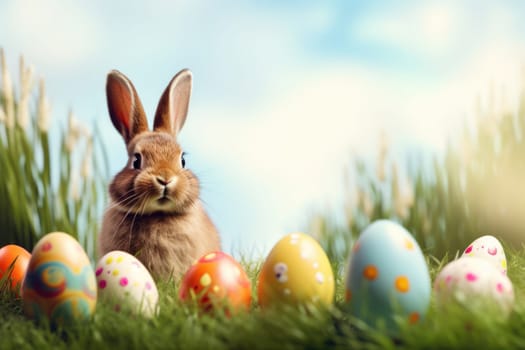 Holiday celebration banner with cute Easter bunny with decorated eggs and spring flowers on green spring meadow. Rabbit in landscape. Happy Easter greeting card, banner, festive background. Copy space