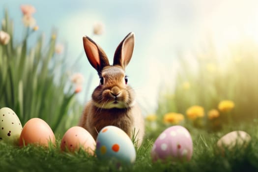 Holiday celebration banner with cute Easter bunny with decorated eggs and spring flowers on green spring meadow. Rabbit in landscape. Happy Easter greeting card, banner, festive background. Copy space