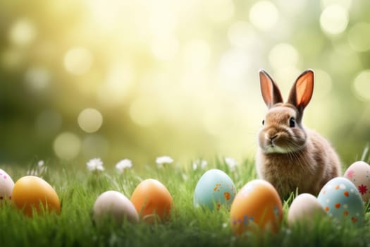Holiday celebration banner with cute Easter bunny with decorated eggs and spring flowers on green spring meadow. Rabbit in landscape. Happy Easter greeting card, banner, festive background. Copy space