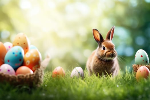 Holiday celebration banner with cute Easter bunny with decorated eggs and spring flowers on green spring meadow. Rabbit in landscape. Happy Easter greeting card, banner, festive background. Copy space