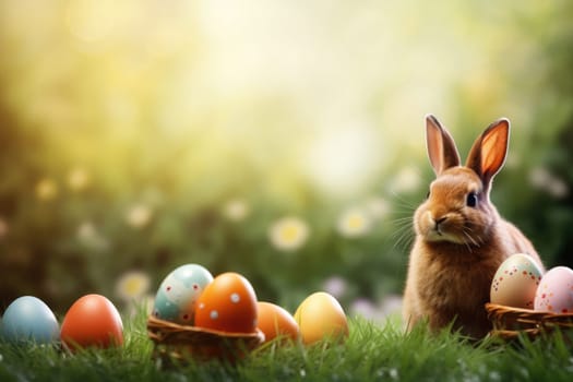 Holiday celebration banner with cute Easter bunny with decorated eggs and spring flowers on green spring meadow. Rabbit in landscape. Happy Easter greeting card, banner, festive background. Copy space