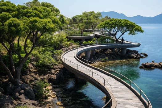 Islands in the sea connected by a bridge.