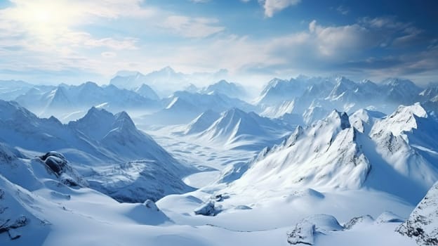 Aerial view of the peaks of snow-capped mountains.