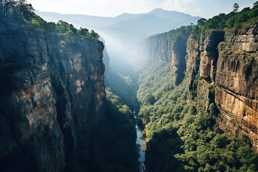 Top view of beautiful rocks with greenery in the fog.