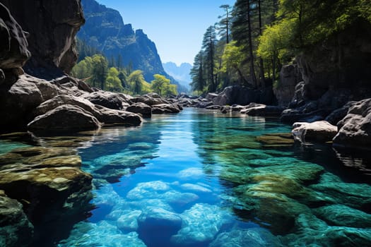 Beautiful landscape with rocks, river and forest.