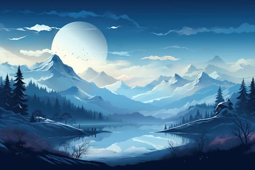 Beautiful illustration of a mountain landscape with a river at sunset or dawn.