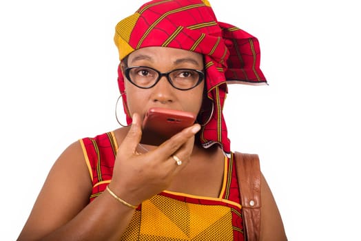 mature woman in loincloth standing on white background communicating to mobile phone.