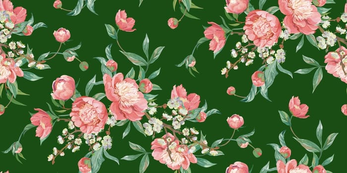 Seamless realistic pattern drawn with pink peonies in a classic oriental style for textile