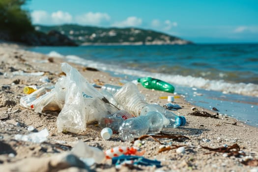 A bunch of plastic bags, bottles, and other trash is visibly scattered on top of a sandy beach. The pollution is a stark contrast to the natural surroundings.
