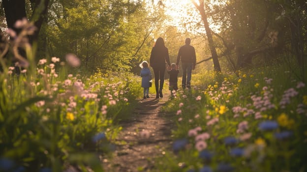 A woman and child stroll through a forest, hand in hand, amidst trees, plants, and natural woodland landscape. AIG41