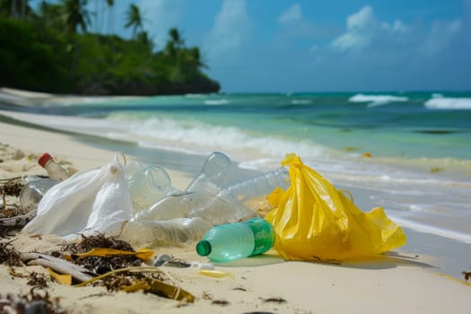 A pile of garbage, including plastic bags and bottles, sitting on a sandy beach by the oceans edge.