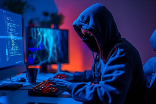 A person wearing a hooded sweatshirt is sitting in front of a computer screen, focusing on writing code. Their face is hidden from view.