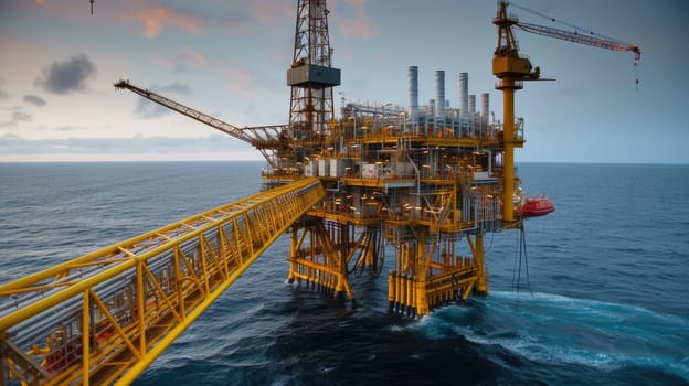 The naval architecture of an oil rig floating in the vast ocean, surrounded by water and sky, showcases engineering marvel amidst fluid and liquid environment. AIG41