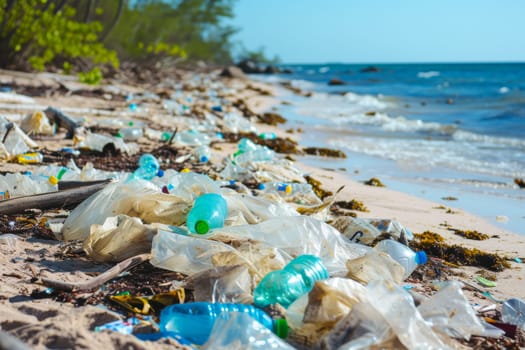 The image shows a beach covered in plastic bottles, bags, and other debris, highlighting the environmental issue of ocean pollution.