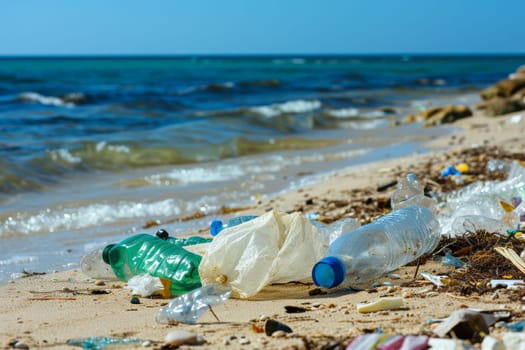 A beach overtaken by a large quantity of trash, including plastic bags and bottles, next to the ocean shore.