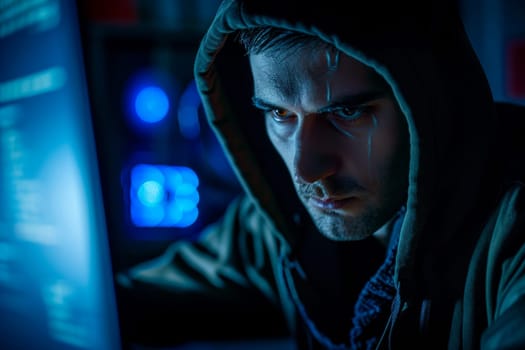 A man wearing a hoodie is intensely focused on the computer screen in front of him, possibly typing or coding.