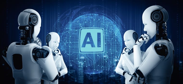 XAI 3d illustration Thinking AI humanoid robot analyzing hologram screen showing concept of AI brain and artificial intelligence thinking by machine learning process. 3D illustration.