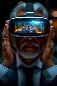 Senior fashion man having fun playing with innovated virtual reality glasses - Tech gaming entertainment concept