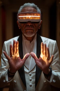 Senior fashion man having fun playing with innovated virtual reality glasses - Tech gaming entertainment concept