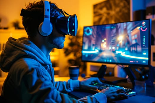 A man wearing headphones is focused on using a computer, possibly for work or entertainment.