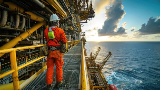 A man travels across the water, on a bridge connecting the oil rig to the boat, under a sky filled with clouds and naval architecture. AIG41