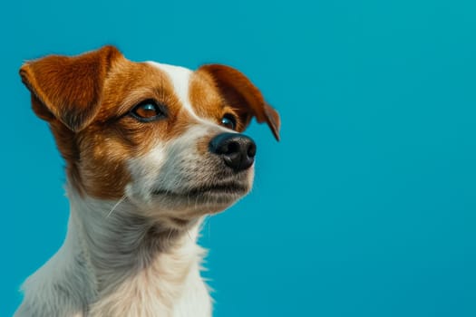 A close up photo showcasing a dog with various colors and textures in front of a solid blue background.