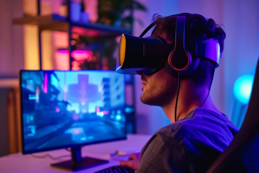 A man wearing a virtual reality headset is seated in front of a computer, engaged in a gaming experience.