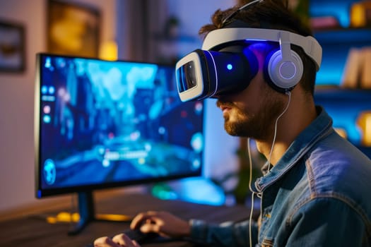 A man wearing headphones is focused on using a computer, possibly playing a game or watching videos.