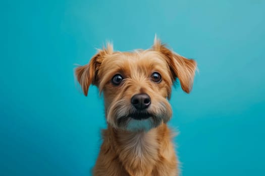 A small brown dog is seated on top of a plain blue background, looking directly at the camera.