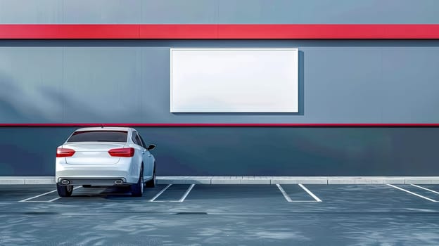 White Sedan Parked in Empty Parking Lot with Blank Billboard, copy space