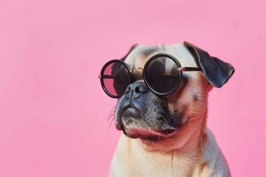 A cute pug dog wearing stylish sunglasses, posing on a vibrant pink background.