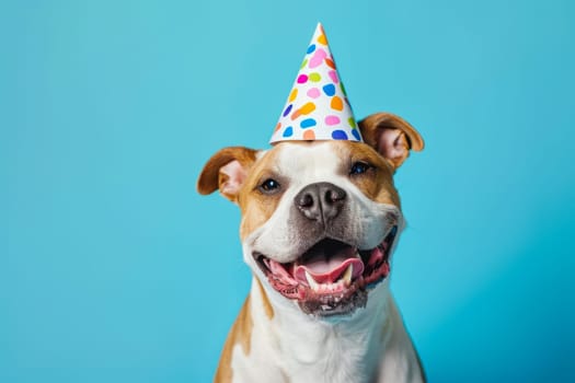 A brown and white dog is depicted wearing a party hat, set against a blue background.