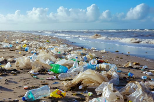 The image shows a beach covered with various trash items such as plastic bags and bottles, creating a detrimental impact on the ocean ecosystem.