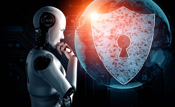 XAI 3d illustration AI robot using cyber security to protect information privacy. Futuristic concept of cybercrime prevention by artificial intelligence and machine learning process. 3D rendering illustration.