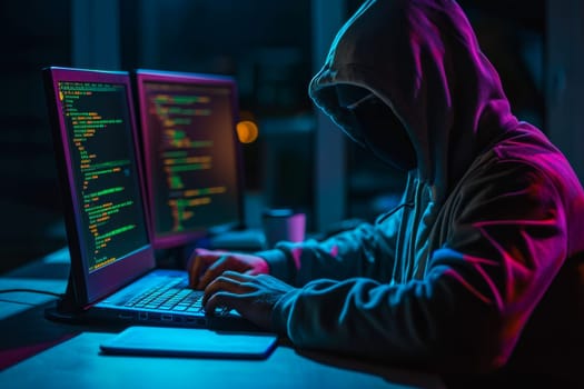 Hacker with hidden face, is sitting in front of a laptop computer, writing code.