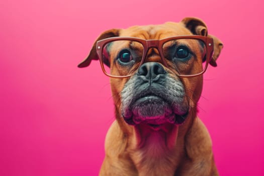 A photo of a dog wearing glasses against a vibrant pink background.