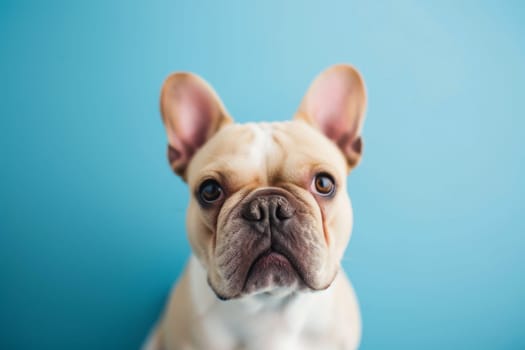 A close-up shot of a dog with a blue background, highlighting the details of the dogs features.