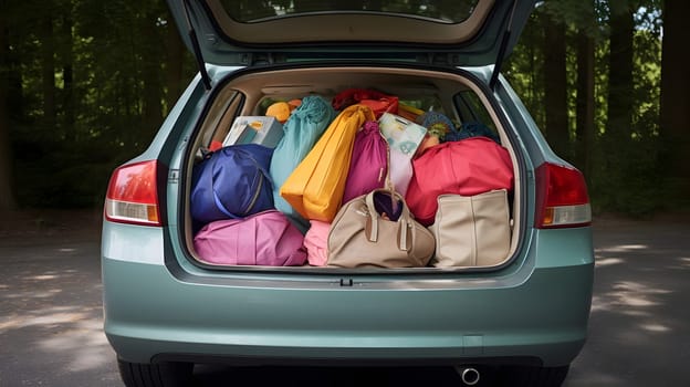 car trunk full of colorful shopping bags, generative ai. High quality photo