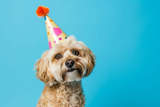 A small dog wearing a colorful party hat, sitting on a blue background.