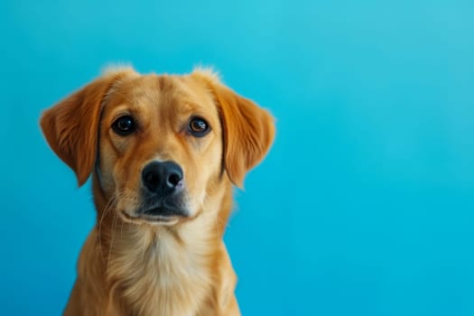 This photograph features a close-up shot of a dog against a bright blue background, showcasing the details of the dogs fur and facial features.