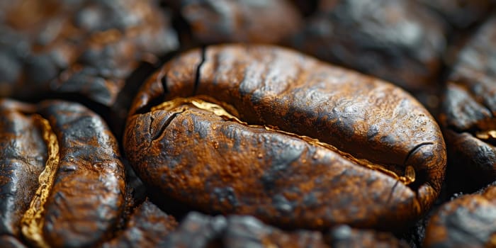 Extreme macro photography of fresh roasted coffee beans.