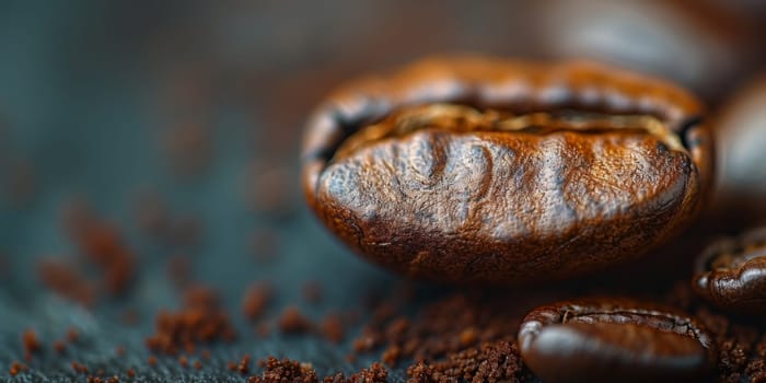 Extreme macro photography of fresh roasted coffee beans.