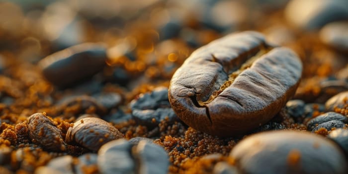 Extreme macro photography of fresh roasted coffee beans.