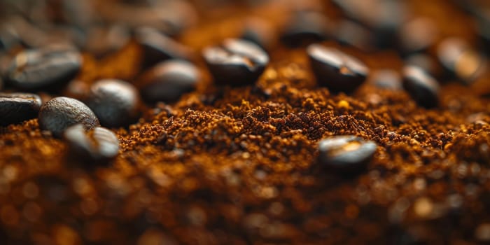 Extreme macro photography of fresh roasted coffee beans ground