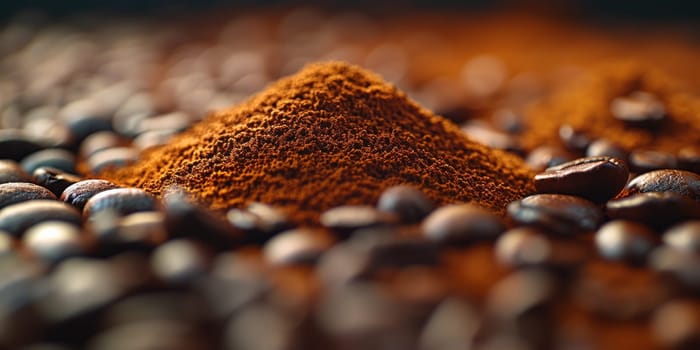 Extreme macro photography of fresh roasted coffee beans ground