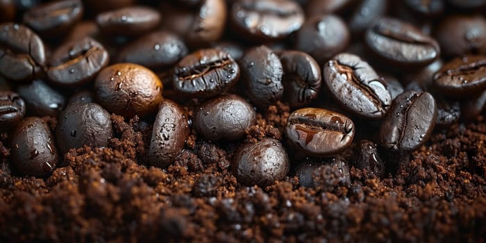 Extreme macro photography of fresh roasted coffee beans ground