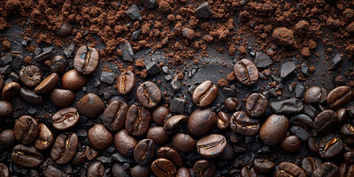 Extreme macro photography of fresh roasted coffee beans ground