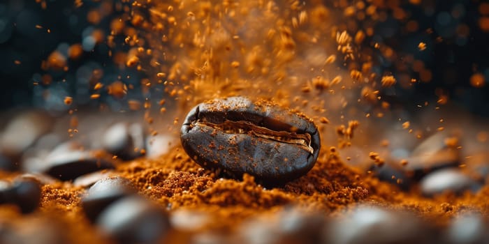 Extreme macro photography of fresh roasted coffee beans ground