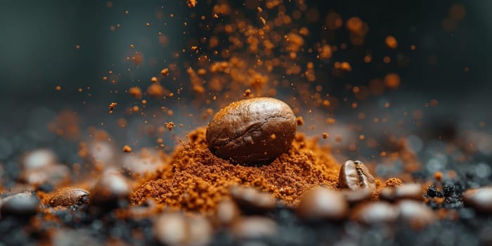 Extreme macro photography of fresh roasted coffee beans ground